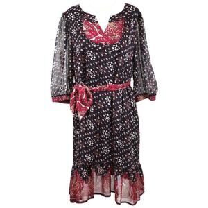 Riley & James Paisley Dress 3/4 Sleeves Boho Belted Midi Black Red Tiered Medium